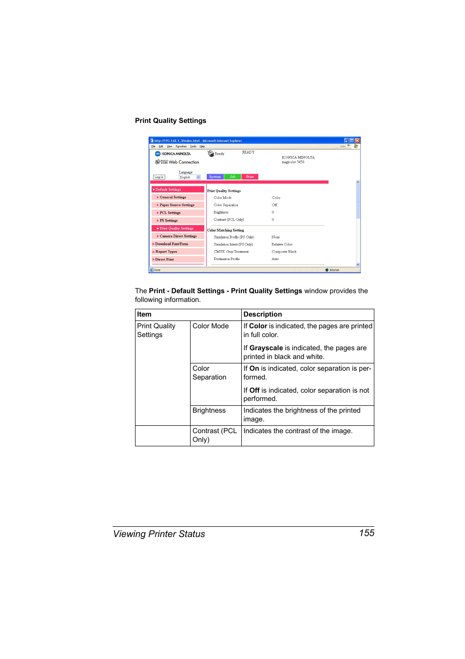 Viewing printer status 155 | Konica Minolta Magicolor 5450 User Manual | Page 171 / 258