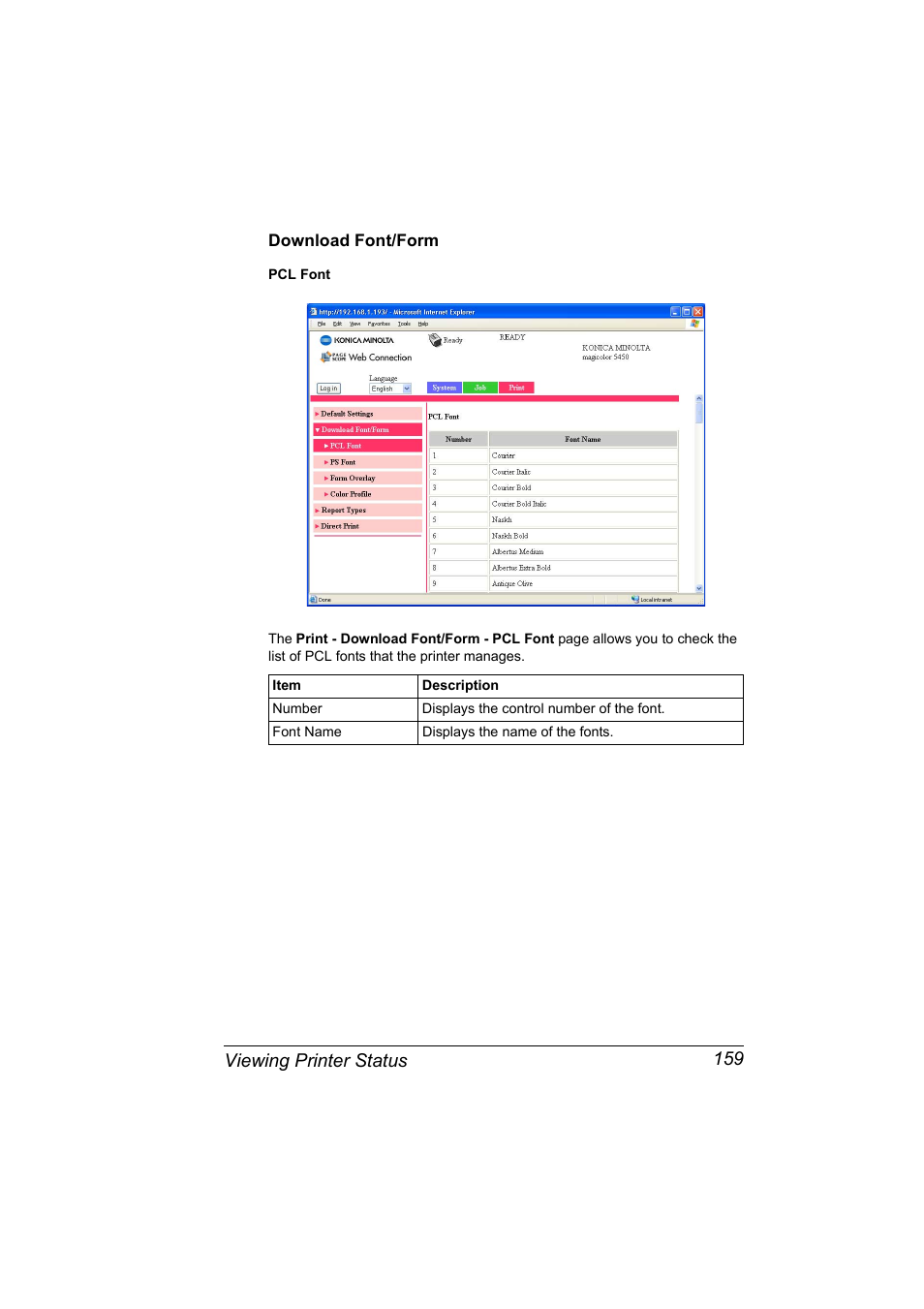 Download font/form, Download font/form 159, Viewing printer status 159 | Konica Minolta Magicolor 5450 User Manual | Page 175 / 258