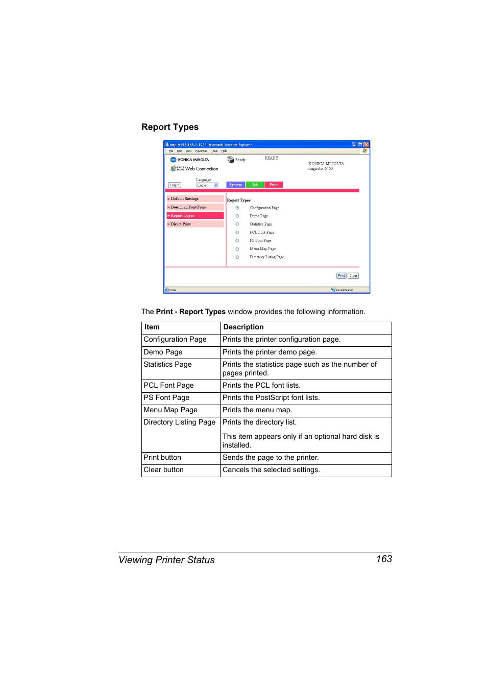 Report types, Report types 163, Viewing printer status 163 | Konica Minolta Magicolor 5450 User Manual | Page 179 / 258