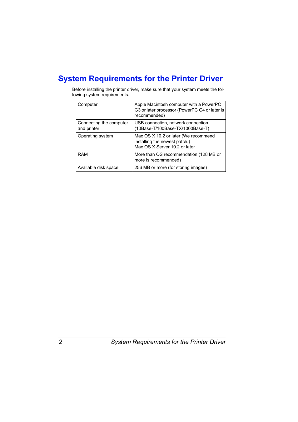 System requirements for the printer driver, System requirements for the printer driver 2 | Konica Minolta Magicolor 5450 User Manual | Page 18 / 258