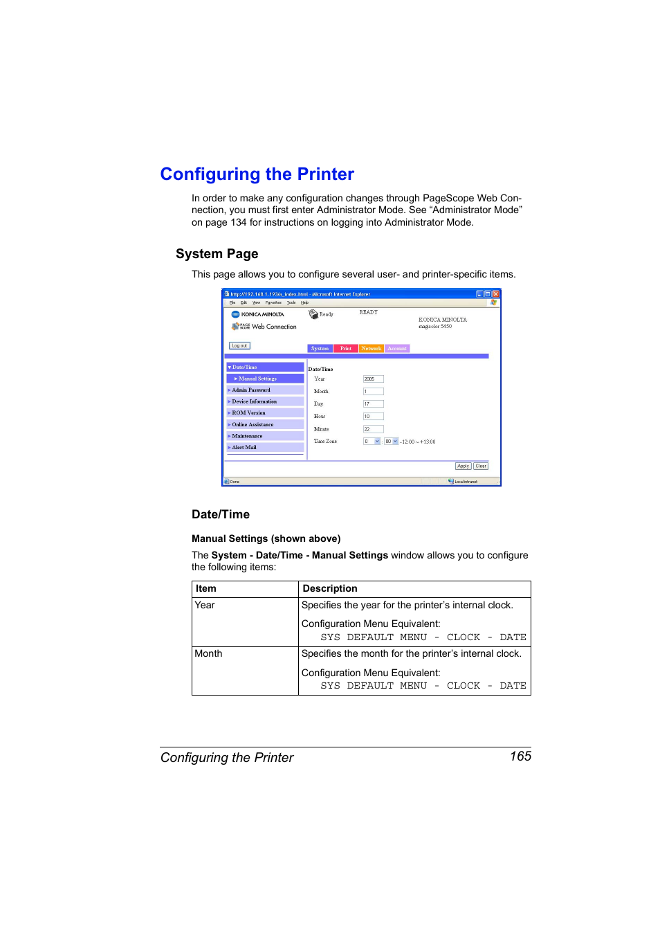 Configuring the printer, Date/time, Configuring the printer 165 | Date/time 165 | Konica Minolta Magicolor 5450 User Manual | Page 181 / 258