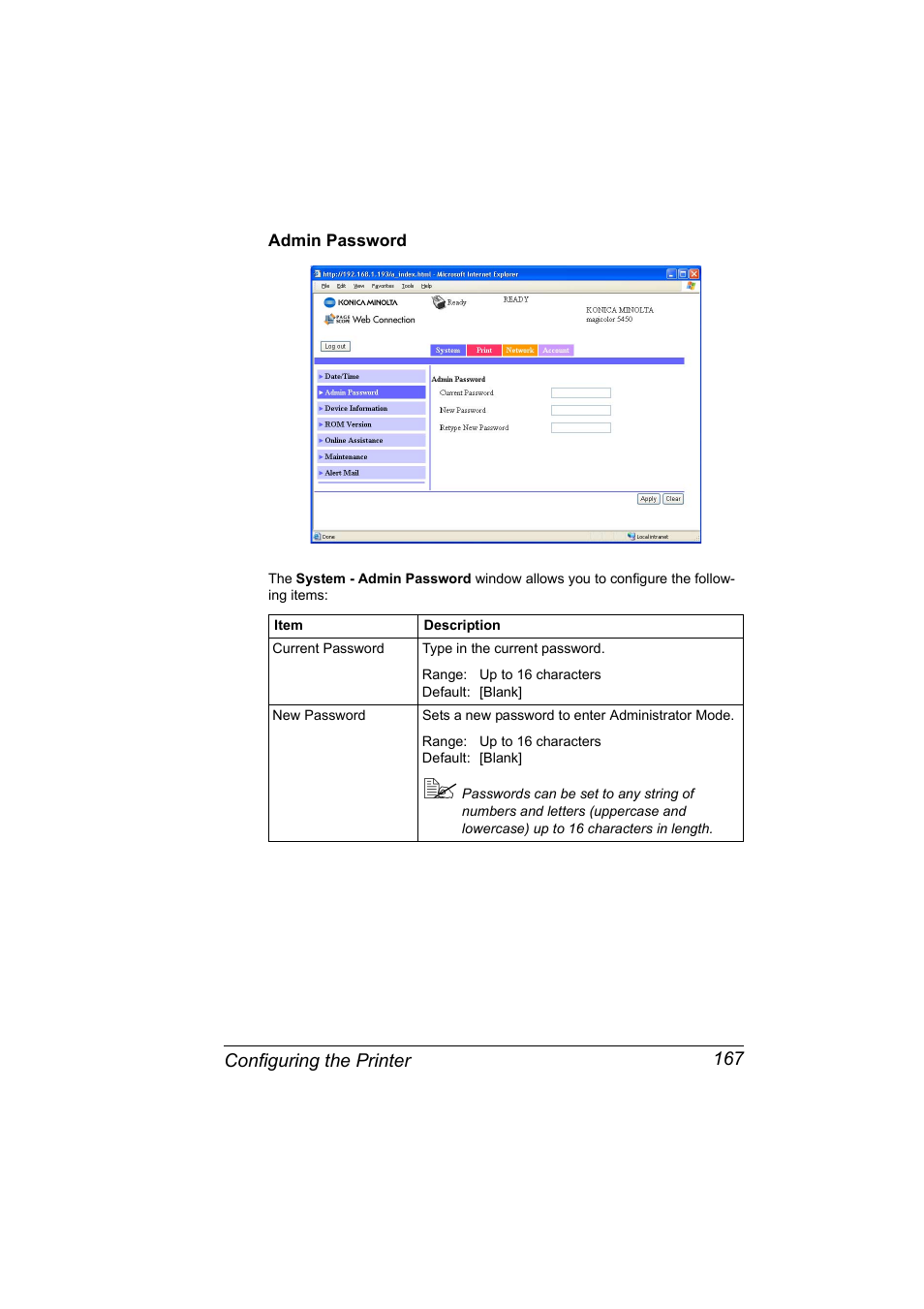 Admin password, Admin password 167 | Konica Minolta Magicolor 5450 User Manual | Page 183 / 258