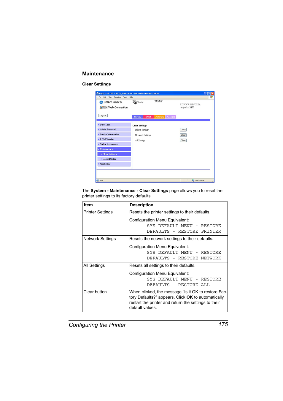 Maintenance, Maintenance 175, Configuring the printer 175 | Konica Minolta Magicolor 5450 User Manual | Page 191 / 258