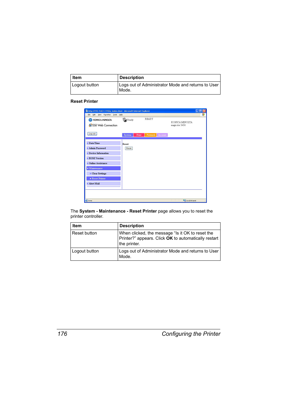 Configuring the printer 176 | Konica Minolta Magicolor 5450 User Manual | Page 192 / 258