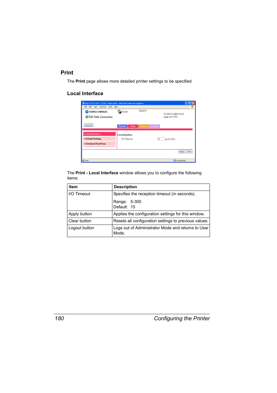 Print, Local interface, Print 180 | Local interface 180, Configuring the printer 180 print | Konica Minolta Magicolor 5450 User Manual | Page 196 / 258