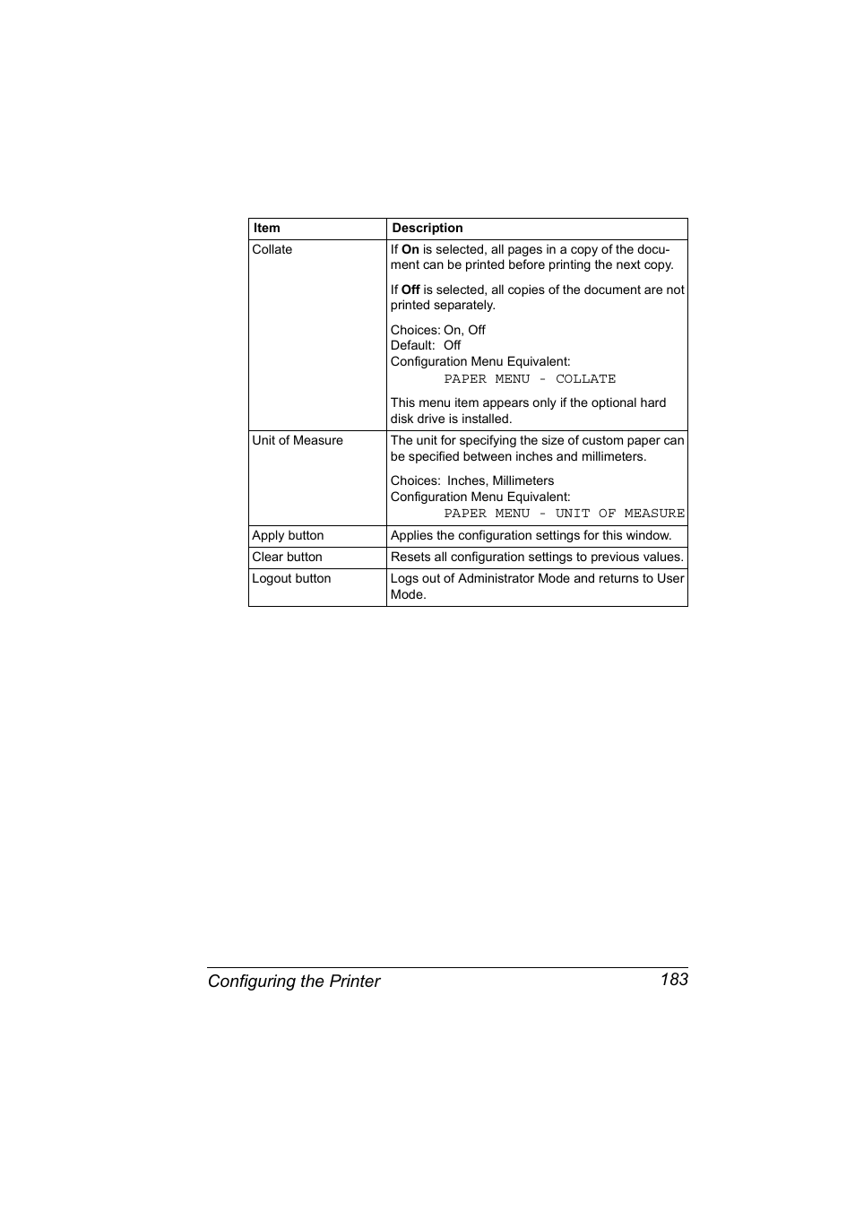 Configuring the printer 183 | Konica Minolta Magicolor 5450 User Manual | Page 199 / 258