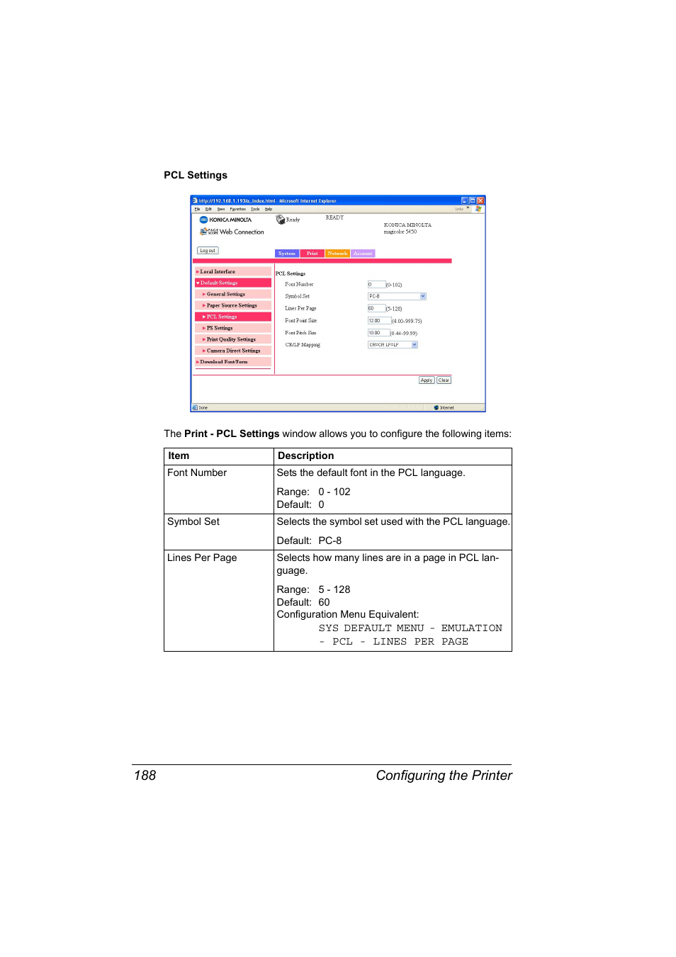 Configuring the printer 188 | Konica Minolta Magicolor 5450 User Manual | Page 204 / 258