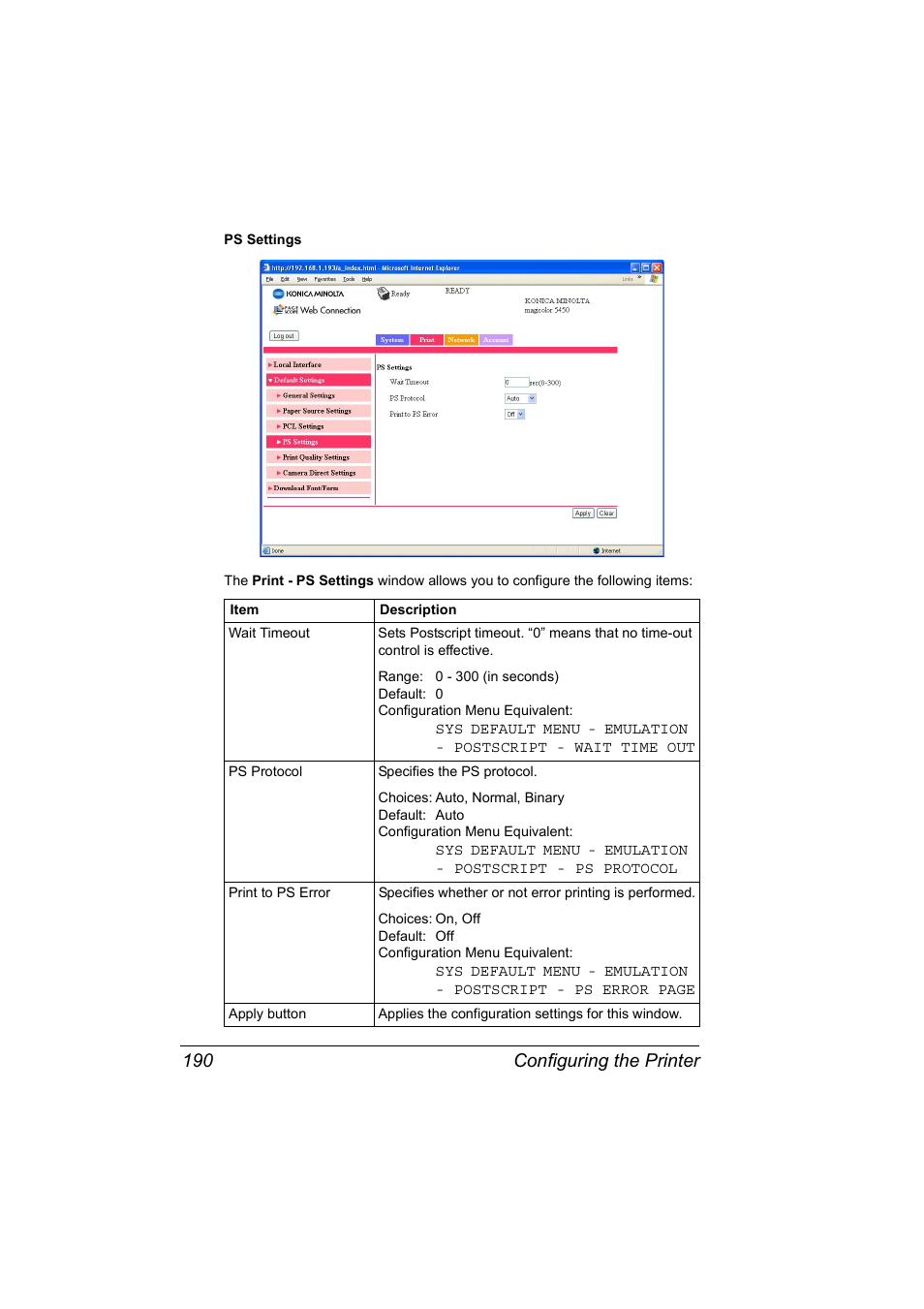 Configuring the printer 190 | Konica Minolta Magicolor 5450 User Manual | Page 206 / 258