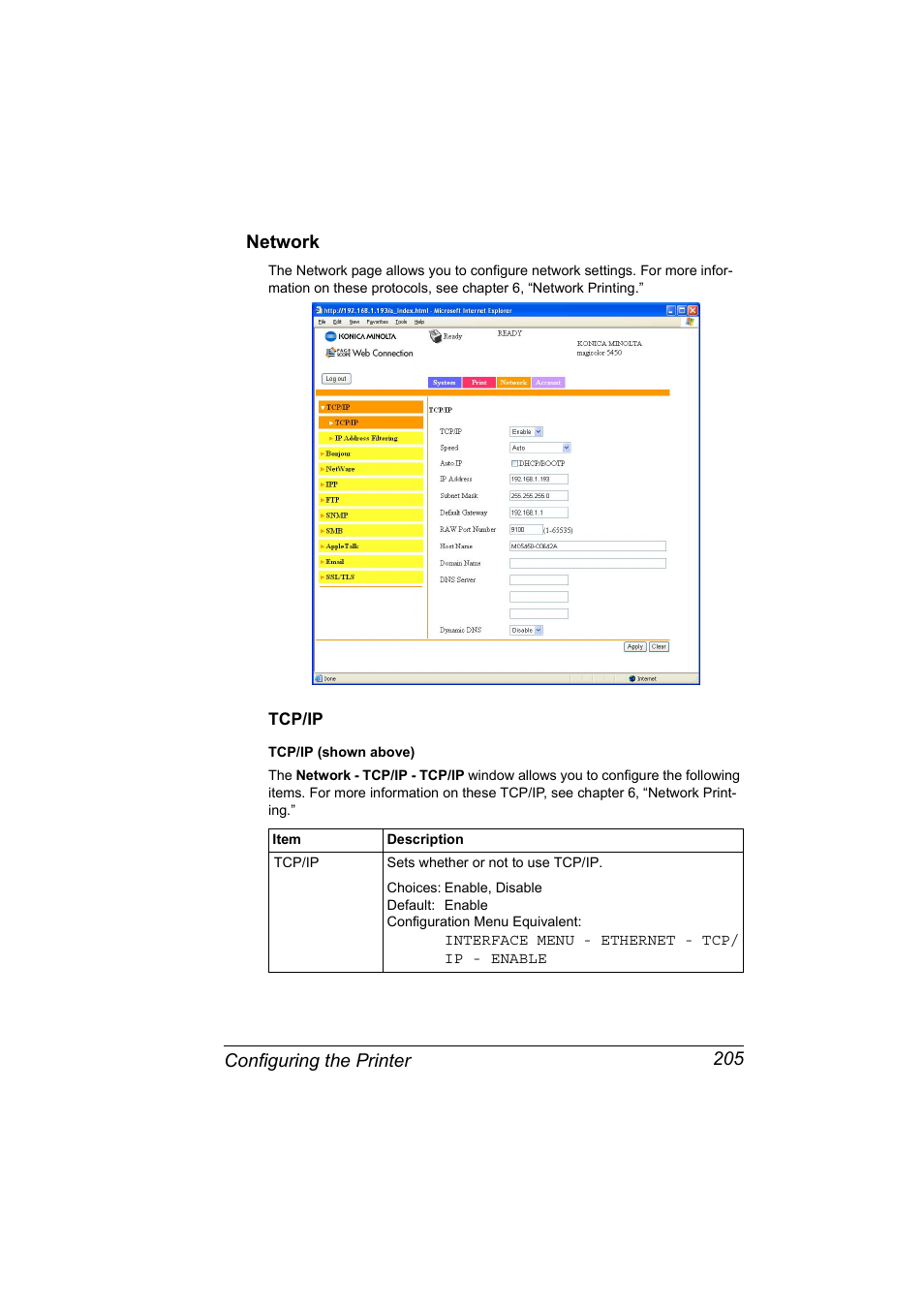 Network, Tcp/ip, Network 205 | Tcp/ip 205, Configuring the printer 205 network | Konica Minolta Magicolor 5450 User Manual | Page 221 / 258