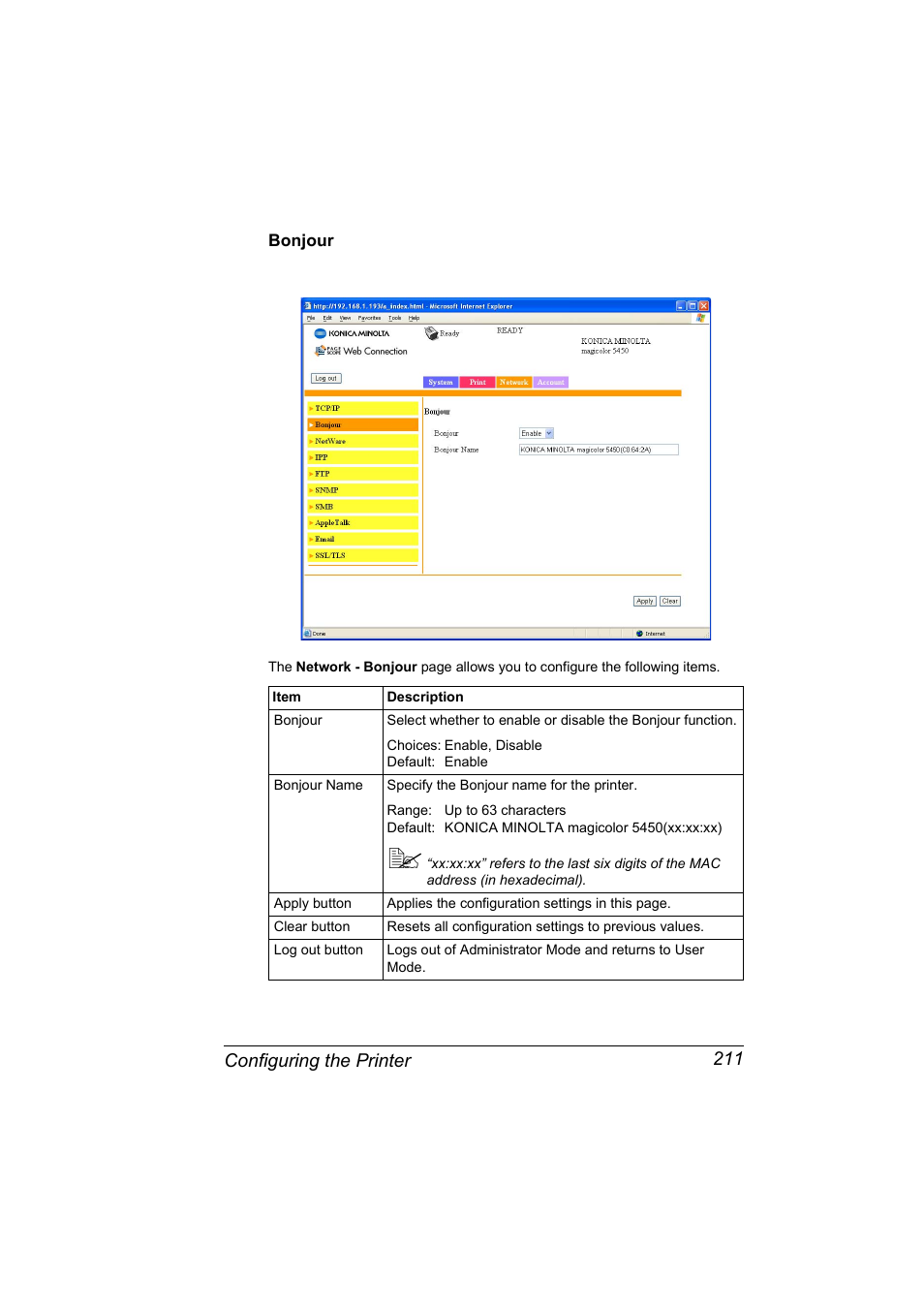 Bonjour, Bonjour 211, Configuring the printer 211 | Konica Minolta Magicolor 5450 User Manual | Page 227 / 258