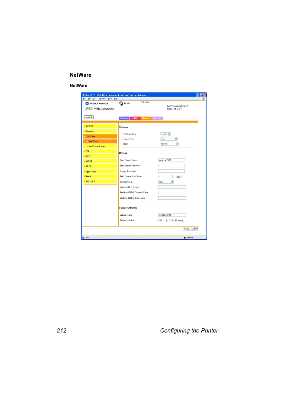 Netware, Netware 212 | Konica Minolta Magicolor 5450 User Manual | Page 228 / 258
