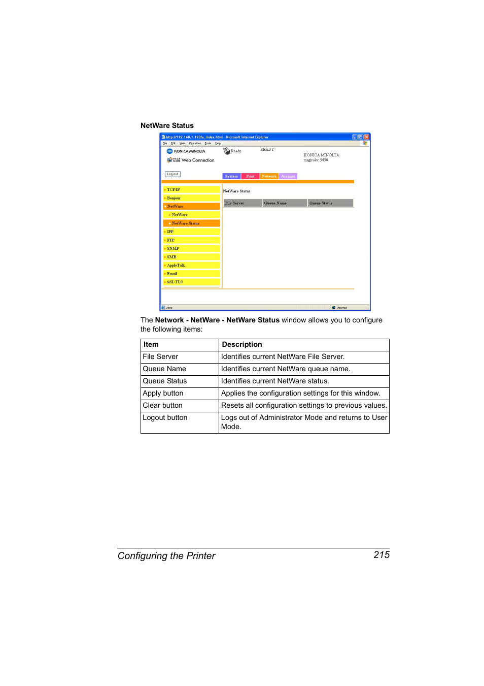 Configuring the printer 215 | Konica Minolta Magicolor 5450 User Manual | Page 231 / 258