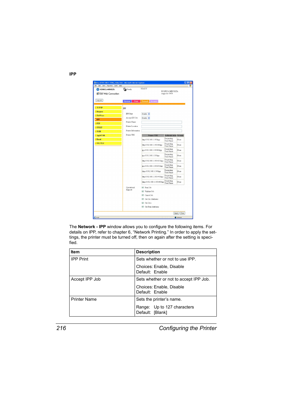 Configuring the printer 216 | Konica Minolta Magicolor 5450 User Manual | Page 232 / 258