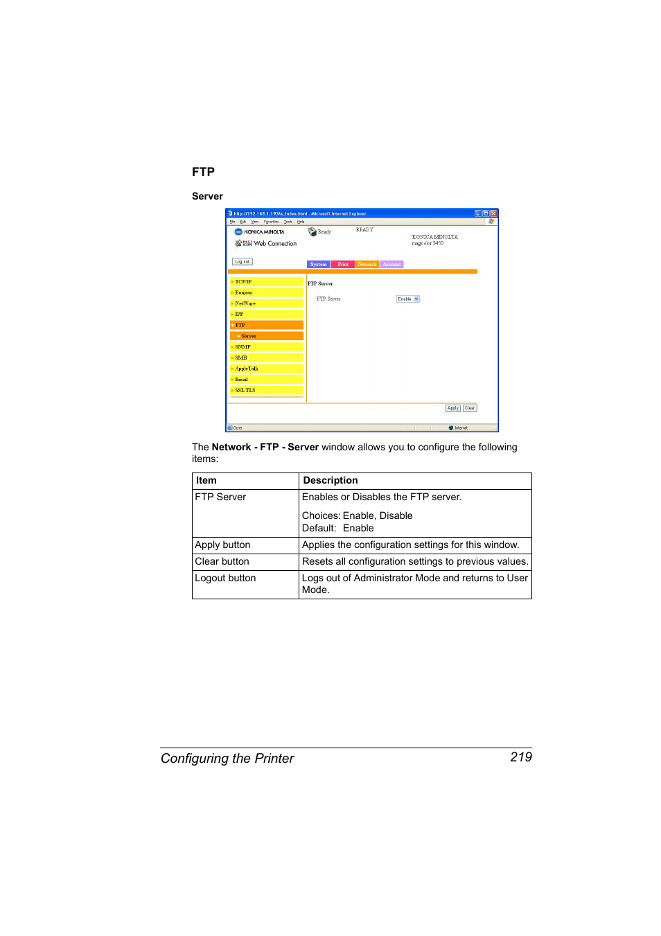Ftp 219, Configuring the printer 219 | Konica Minolta Magicolor 5450 User Manual | Page 235 / 258