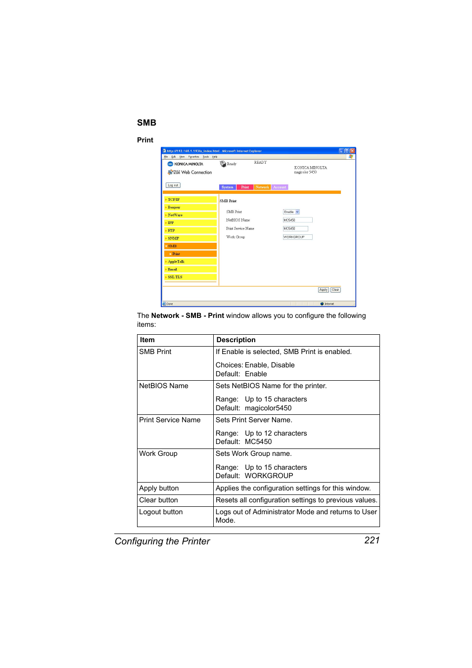 Smb 221, Configuring the printer 221 | Konica Minolta Magicolor 5450 User Manual | Page 237 / 258