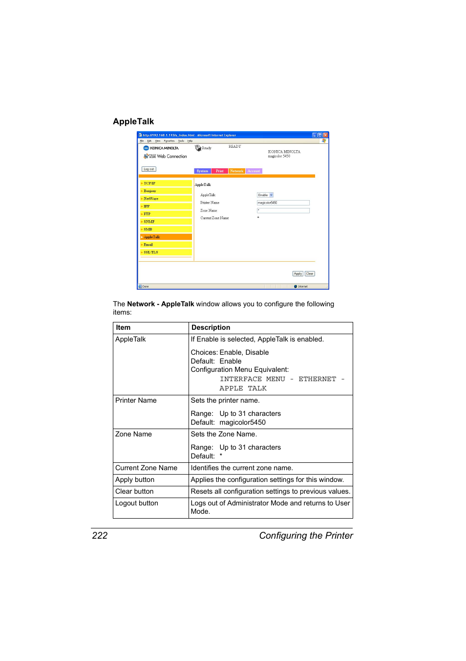 Appletalk, Appletalk 222, Configuring the printer 222 | Konica Minolta Magicolor 5450 User Manual | Page 238 / 258