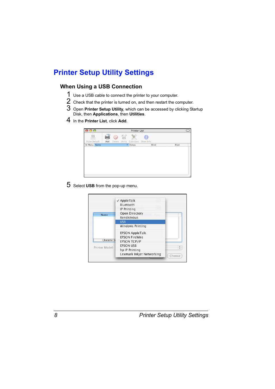 Printer setup utility settings, When using a usb connection, Printer setup utility settings 8 | When using a usb connection 8 | Konica Minolta Magicolor 5450 User Manual | Page 24 / 258