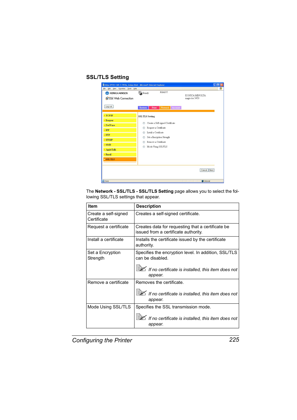 Ssl/tls setting, Ssl/tls setting 225 | Konica Minolta Magicolor 5450 User Manual | Page 241 / 258