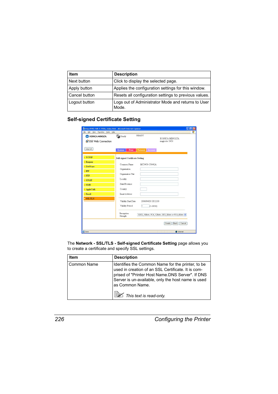 Self-signed certificate setting, Self-signed certificate setting 226, Configuring the printer 226 | Konica Minolta Magicolor 5450 User Manual | Page 242 / 258