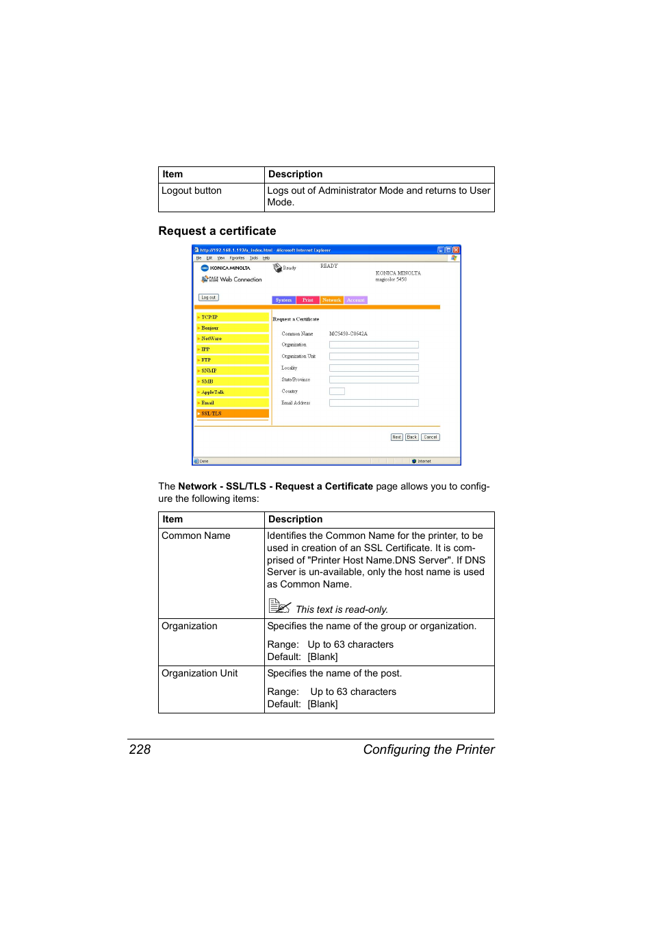 Request a certificate, Request a certificate 228, Configuring the printer 228 | Konica Minolta Magicolor 5450 User Manual | Page 244 / 258