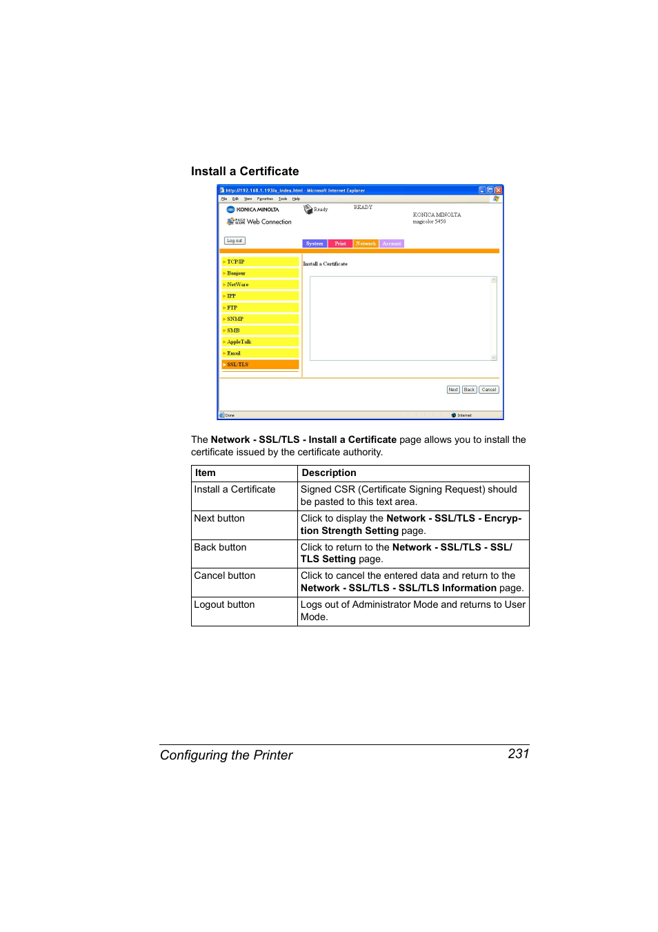 Install a certificate, Install a certificate 231, Configuring the printer 231 | Konica Minolta Magicolor 5450 User Manual | Page 247 / 258