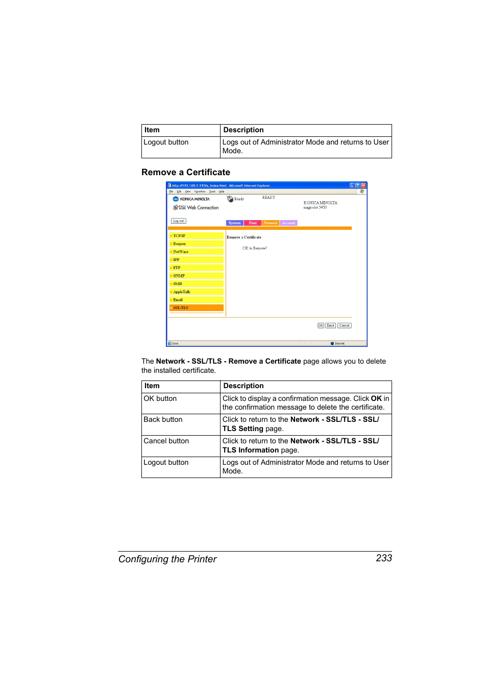 Remove a certificate, Remove a certificate 233, Configuring the printer 233 | Konica Minolta Magicolor 5450 User Manual | Page 249 / 258