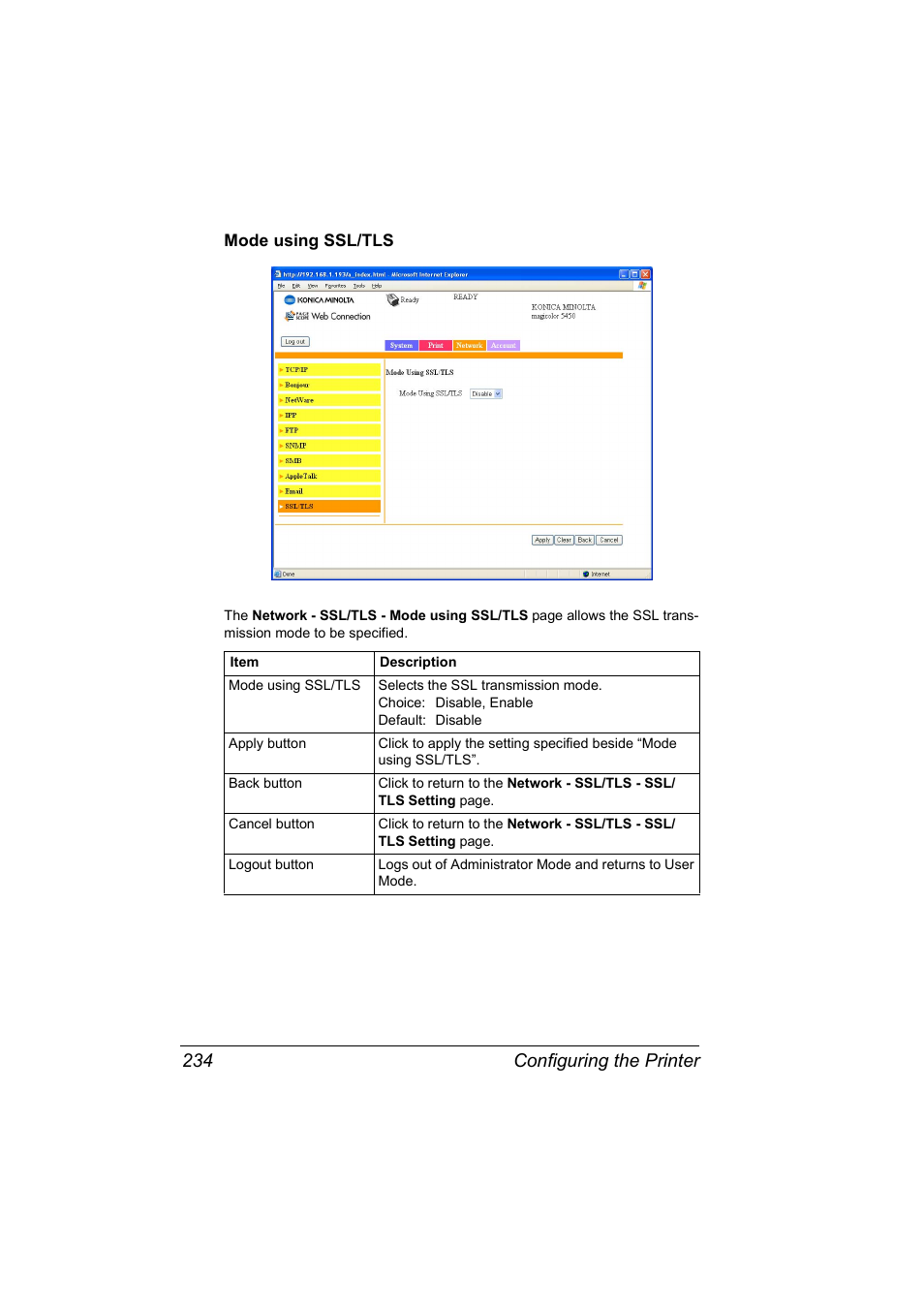 Mode using ssl/tls, Mode using ssl/tls 234, Configuring the printer 234 | Konica Minolta Magicolor 5450 User Manual | Page 250 / 258