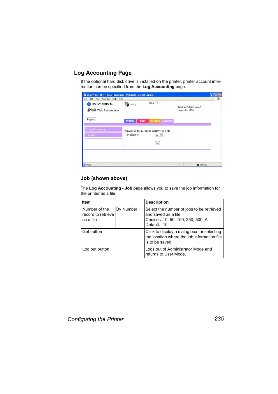 Job (shown above), Job (shown above) 235, Configuring the printer 235 log accounting page | Konica Minolta Magicolor 5450 User Manual | Page 251 / 258