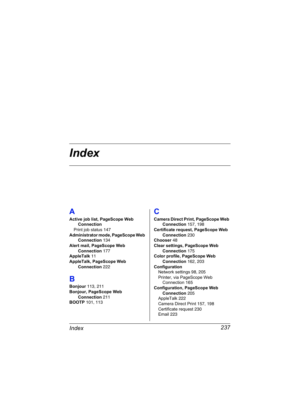 Index, A to c | Konica Minolta Magicolor 5450 User Manual | Page 253 / 258