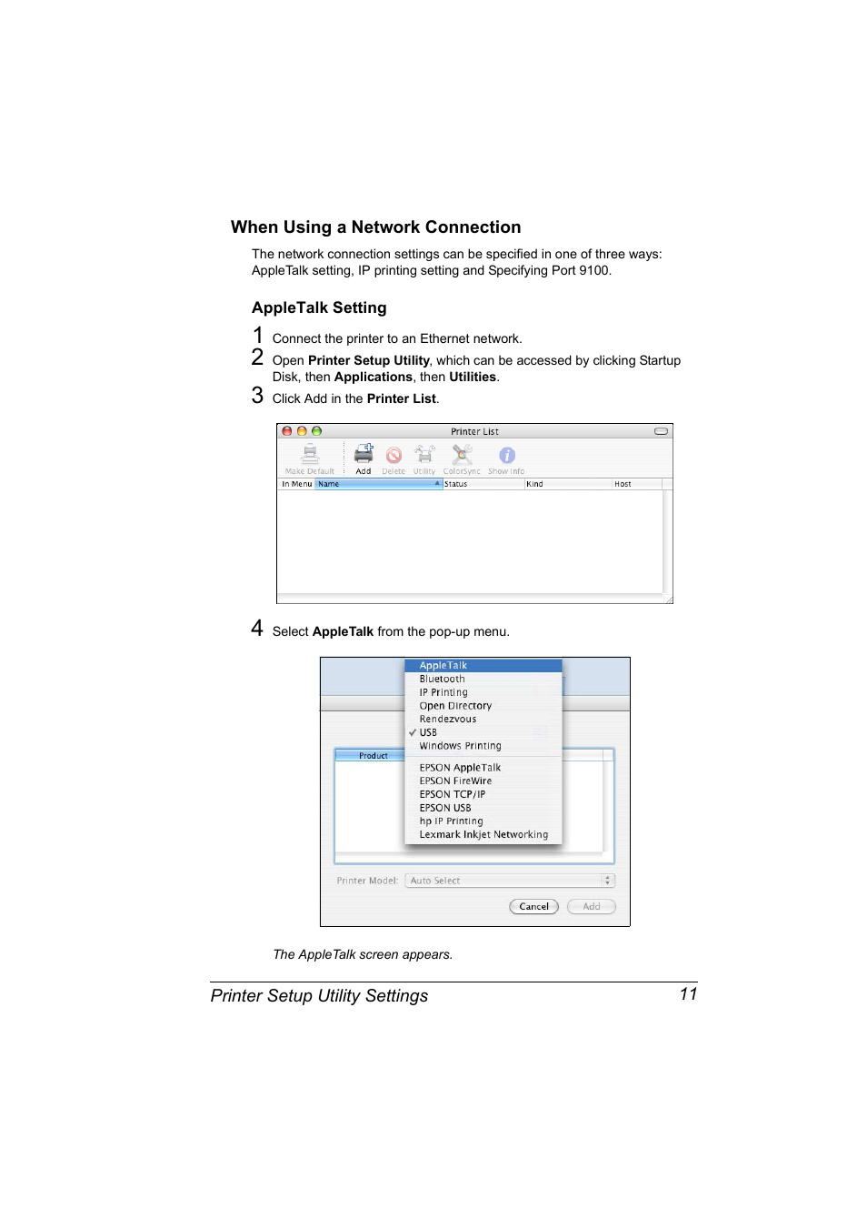 When using a network connection, Appletalk setting, When using a network connection 11 | Appletalk setting 11 | Konica Minolta Magicolor 5450 User Manual | Page 27 / 258