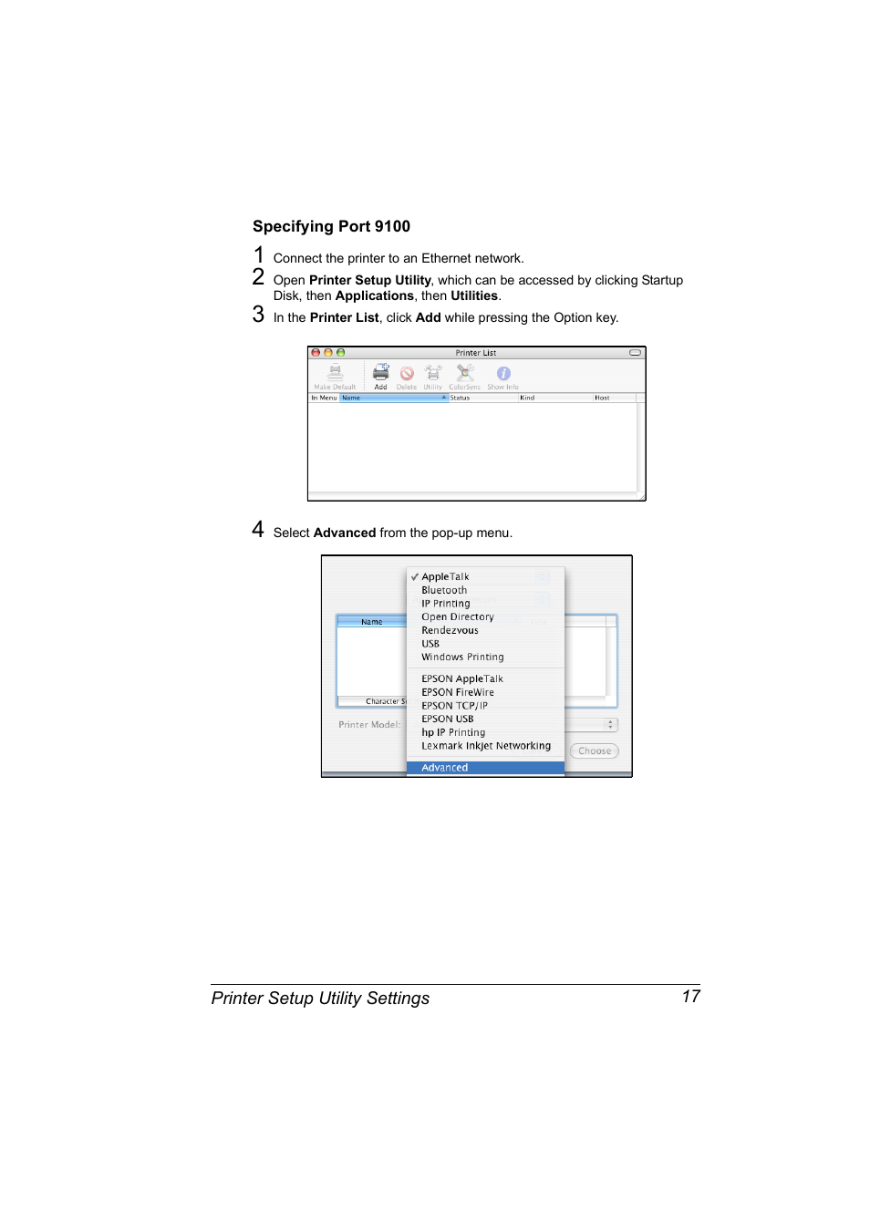 Specifying port 9100, Specifying port 9100 17 | Konica Minolta Magicolor 5450 User Manual | Page 33 / 258