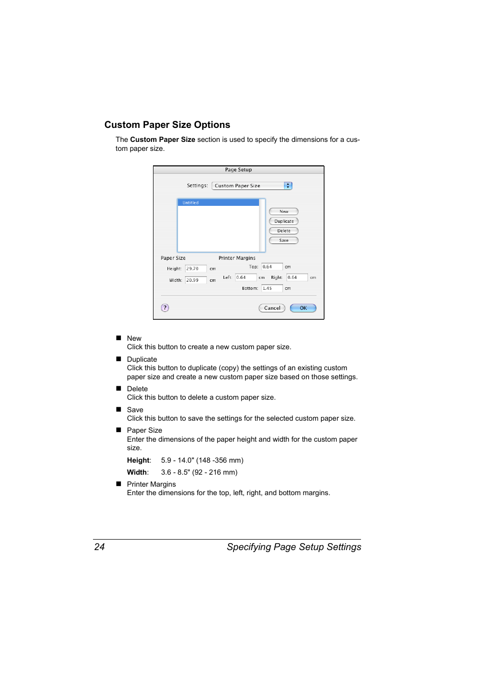 Custom paper size options, Custom paper size options 24 | Konica Minolta Magicolor 5450 User Manual | Page 40 / 258