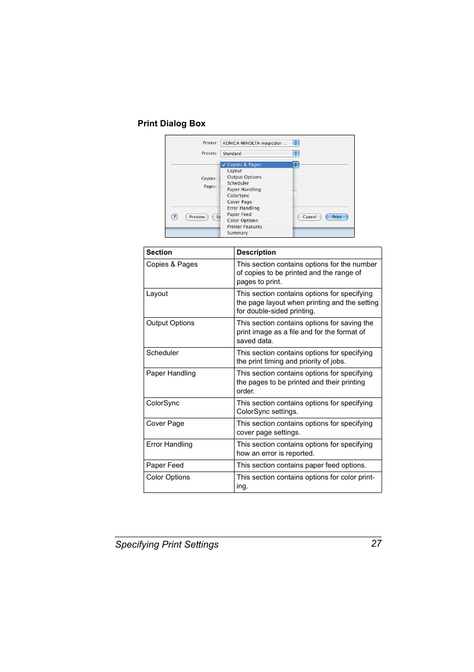 Print dialog box, Print dialog box 27, Specifying print settings 27 | Konica Minolta Magicolor 5450 User Manual | Page 43 / 258