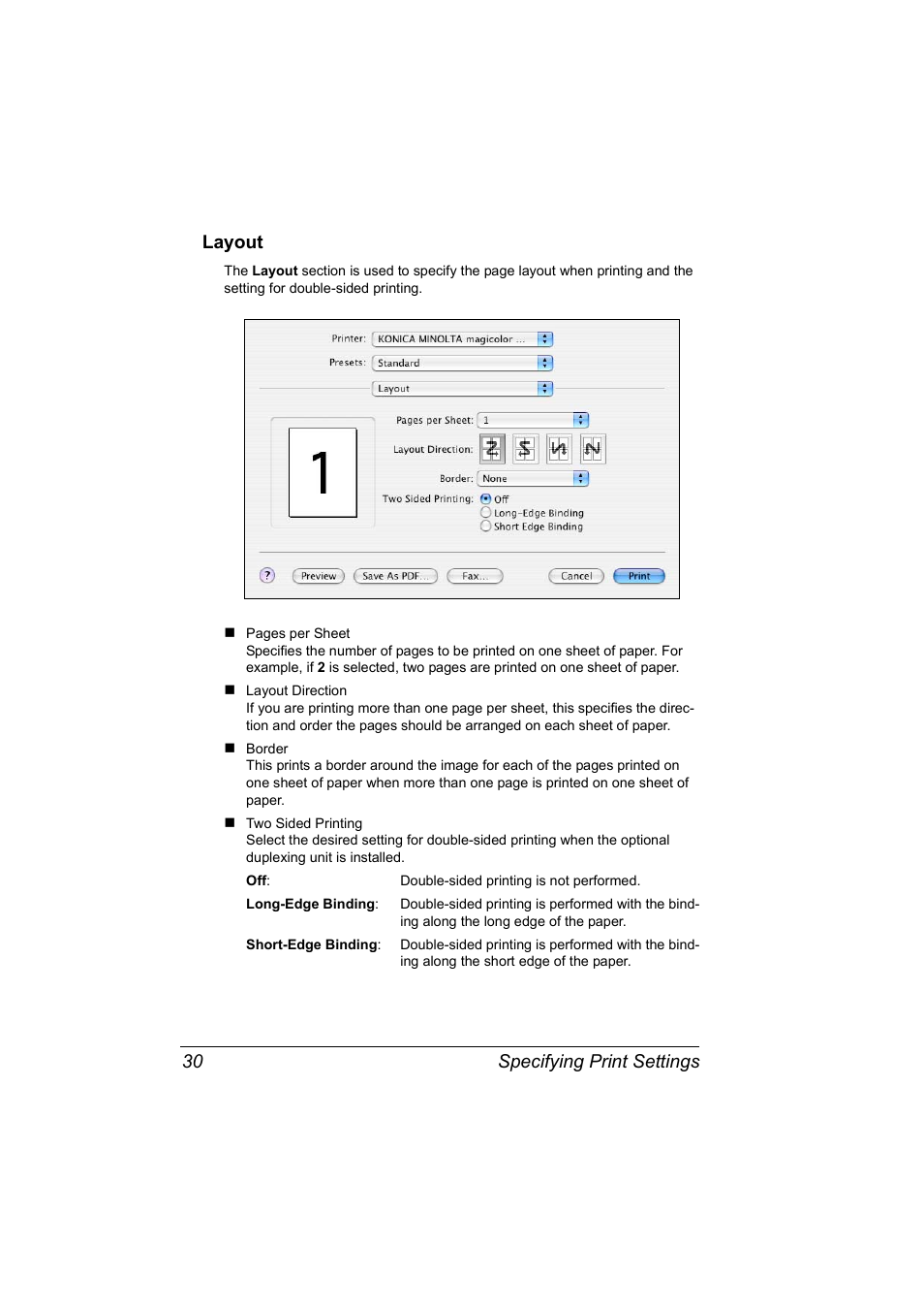 Layout, Specifying print settings 30 layout | Konica Minolta Magicolor 5450 User Manual | Page 46 / 258