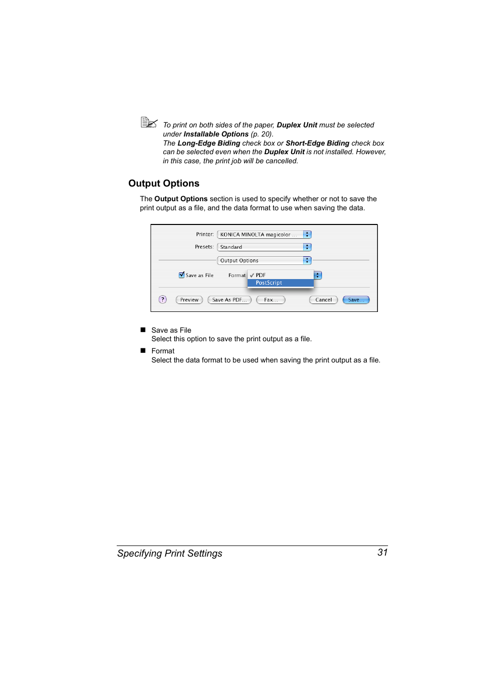 Output options, Output options 31 | Konica Minolta Magicolor 5450 User Manual | Page 47 / 258