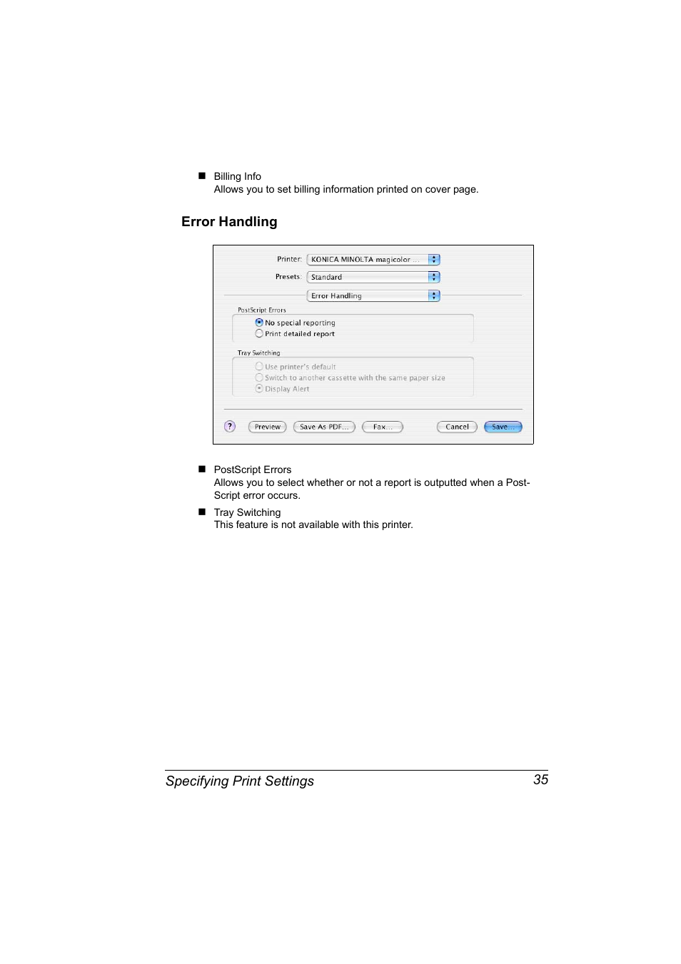 Error handling, Error handling 35 | Konica Minolta Magicolor 5450 User Manual | Page 51 / 258