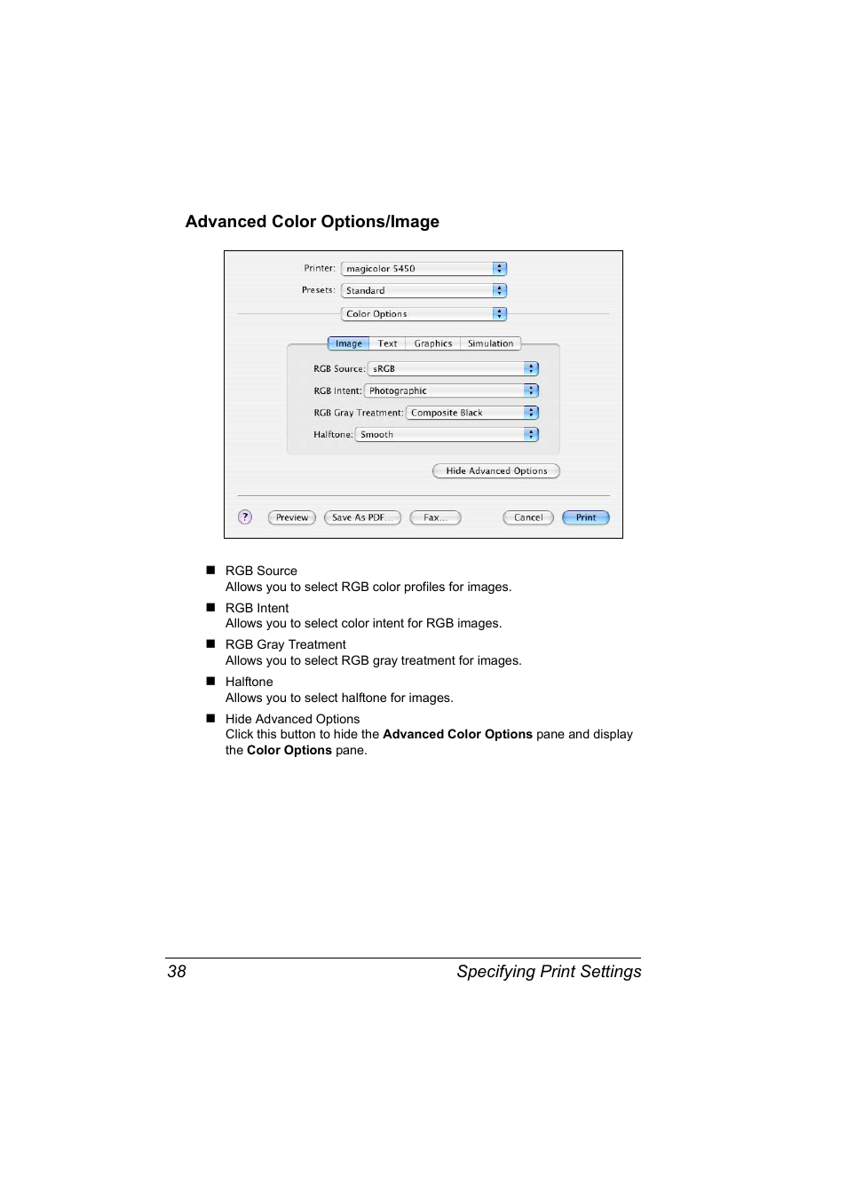 Advanced color options/image, Advanced color options/image 38 | Konica Minolta Magicolor 5450 User Manual | Page 54 / 258