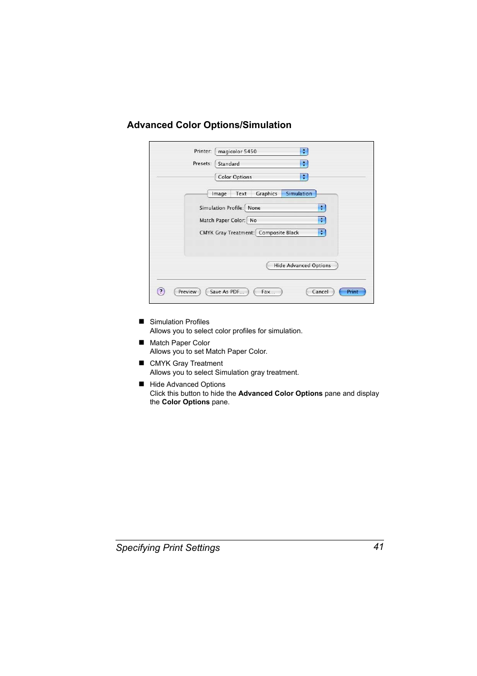 Advanced color options/simulation, Advanced color options/simulation 41 | Konica Minolta Magicolor 5450 User Manual | Page 57 / 258