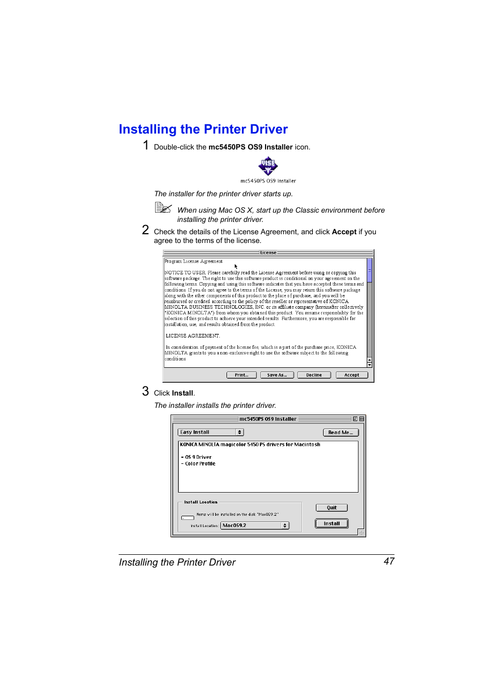 Installing the printer driver, Installing the printer driver 47, Installing the printer driver 1 | Konica Minolta Magicolor 5450 User Manual | Page 63 / 258