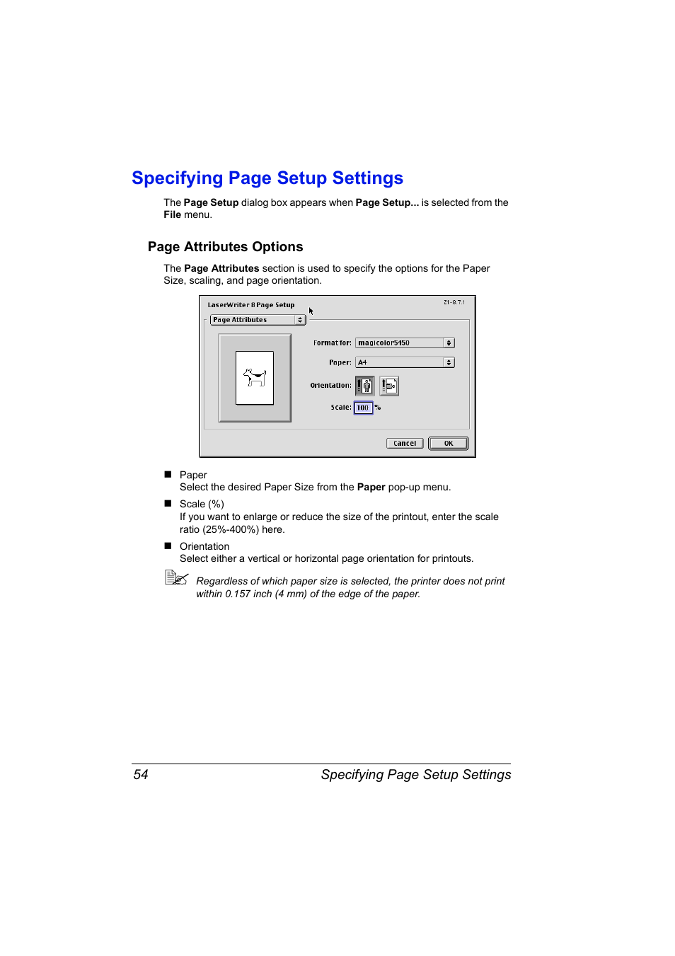 Specifying page setup settings | Konica Minolta Magicolor 5450 User Manual | Page 70 / 258