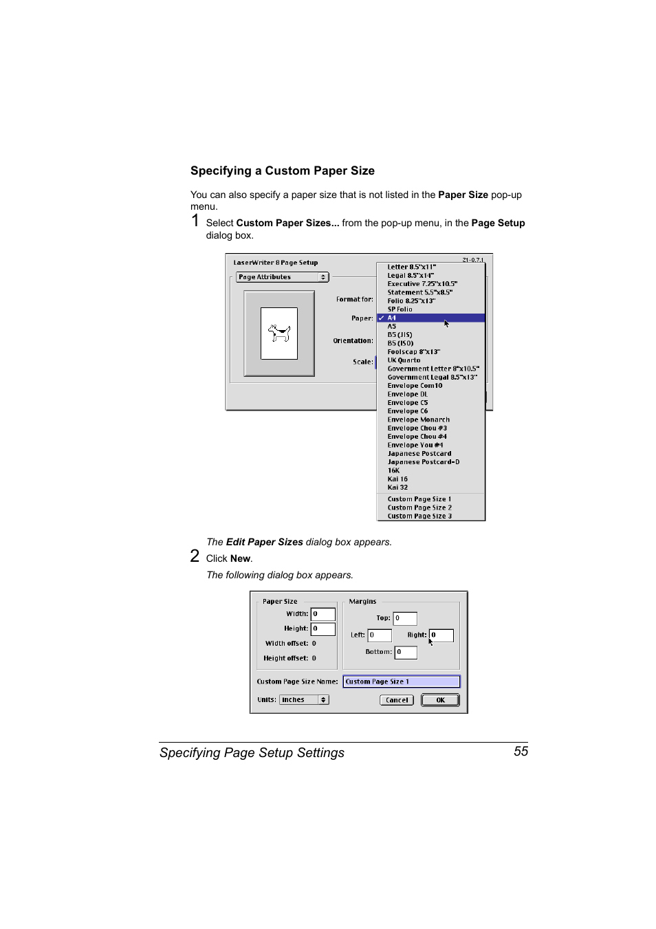 Specifying a custom paper size, Specifying a custom paper size 55 | Konica Minolta Magicolor 5450 User Manual | Page 71 / 258