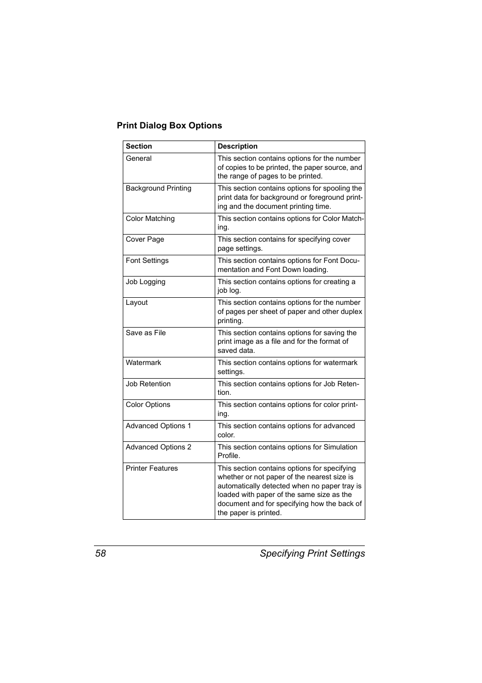Print dialog box options, Print dialog box options 58, Specifying print settings 58 | Konica Minolta Magicolor 5450 User Manual | Page 74 / 258