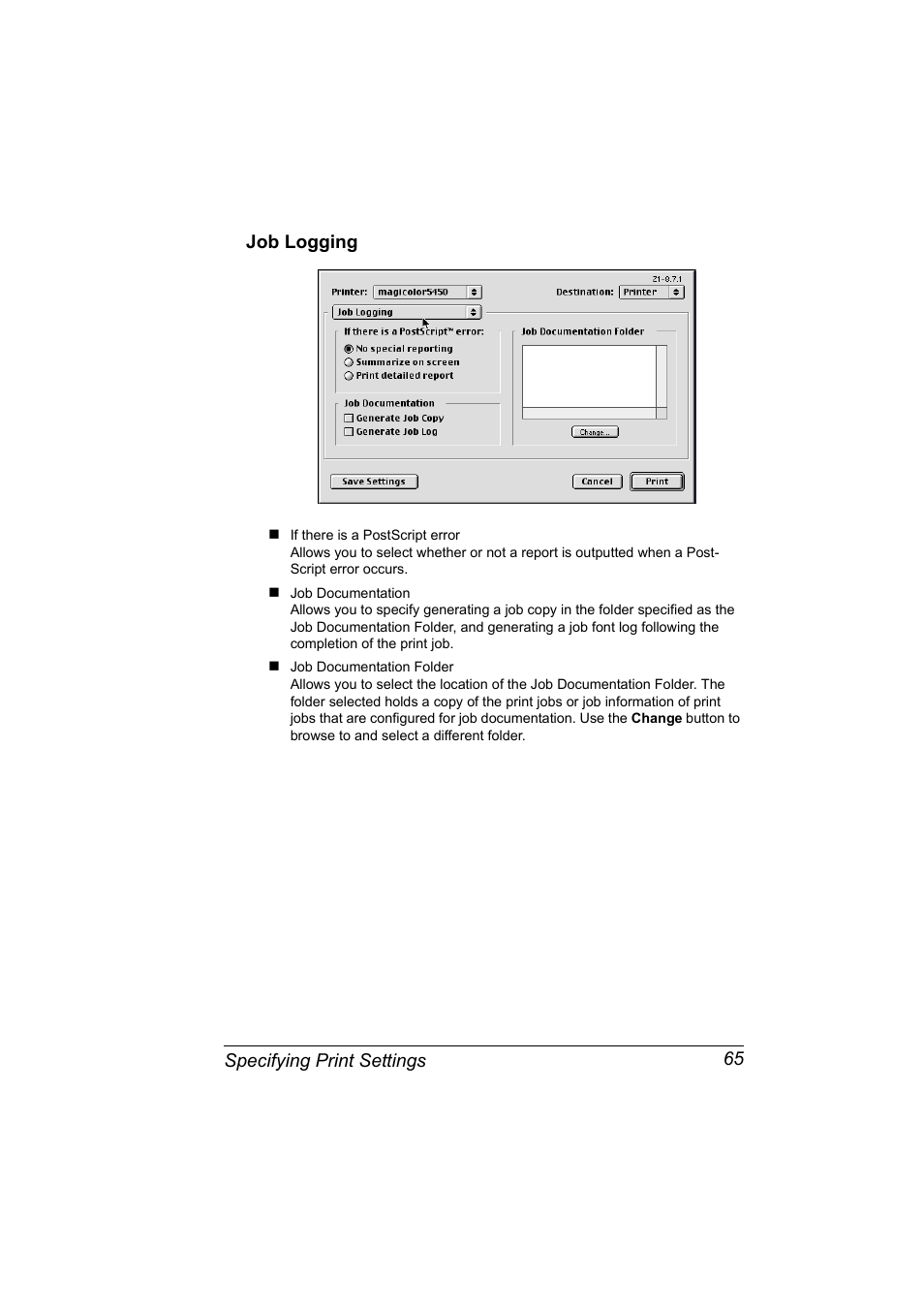 Job logging, Job logging 65 | Konica Minolta Magicolor 5450 User Manual | Page 81 / 258