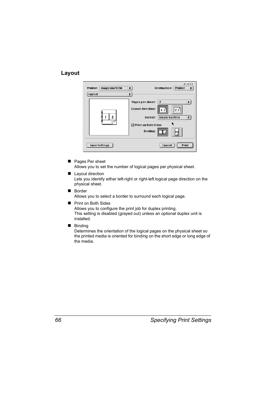 Layout, Layout 66, Specifying print settings 66 layout | Konica Minolta Magicolor 5450 User Manual | Page 82 / 258