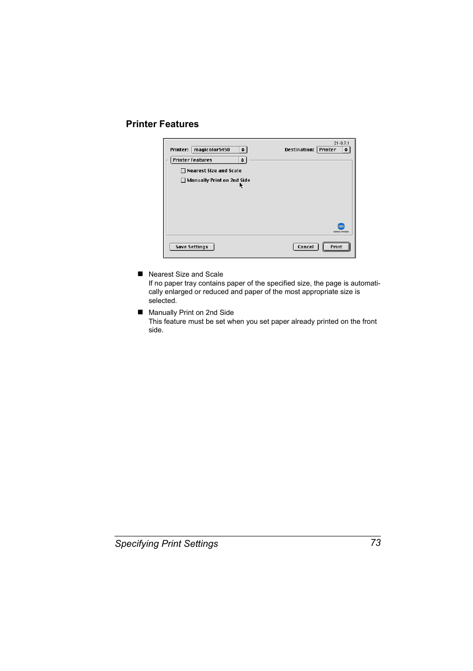 Printer features, Printer features 73 | Konica Minolta Magicolor 5450 User Manual | Page 89 / 258