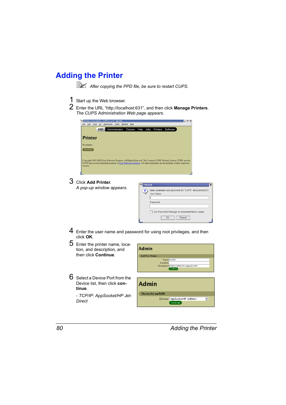 Adding the printer, Adding the printer 80 | Konica Minolta Magicolor 5450 User Manual | Page 96 / 258