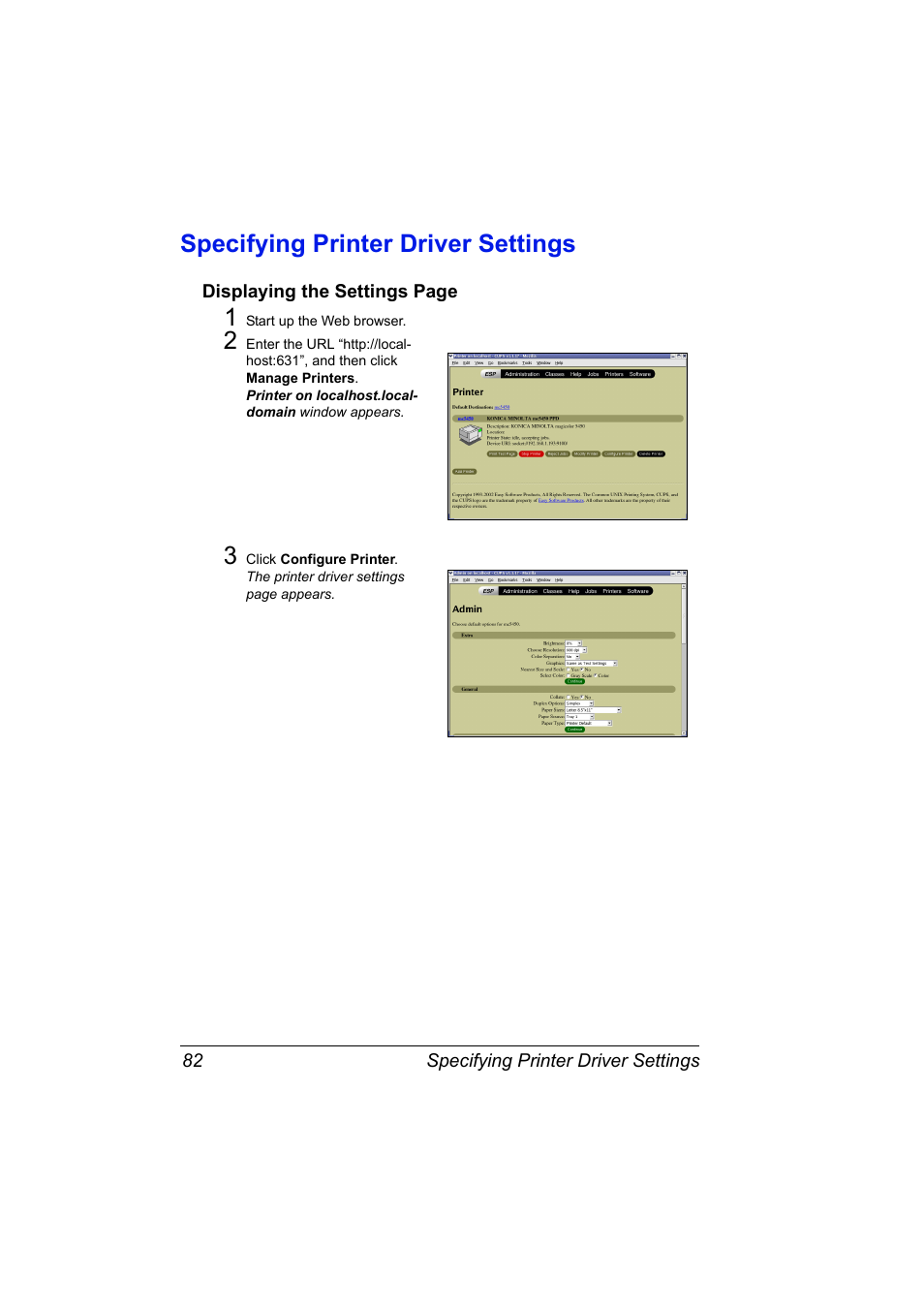 Specifying printer driver settings, Specifying printer driver settings 82 | Konica Minolta Magicolor 5450 User Manual | Page 98 / 258