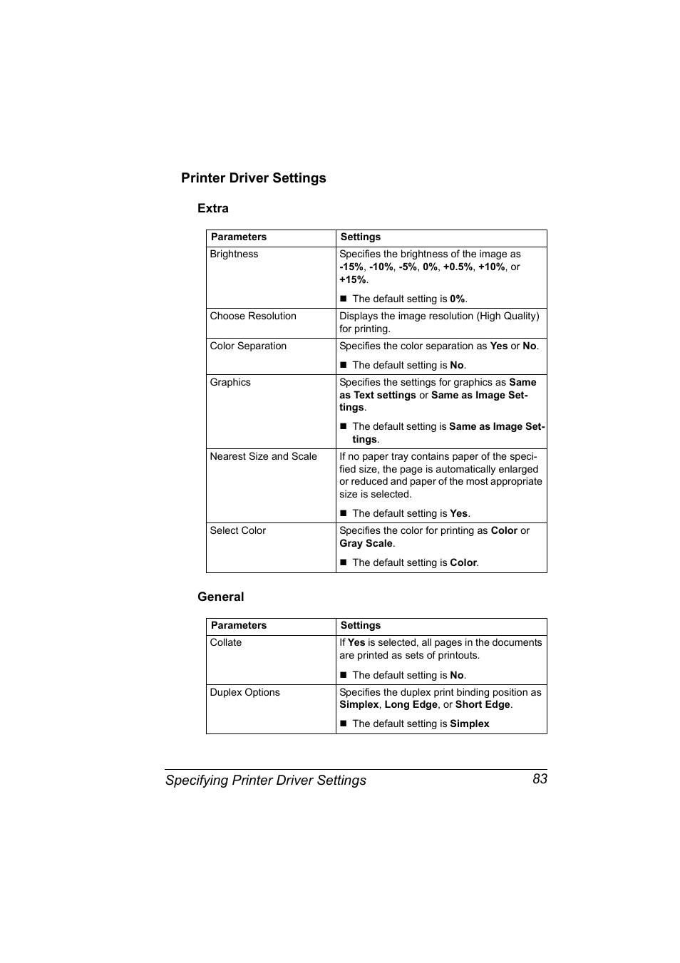 Printer driver settings, Extra, General | Printer driver settings 83, Extra 83 general 83 | Konica Minolta Magicolor 5450 User Manual | Page 99 / 258