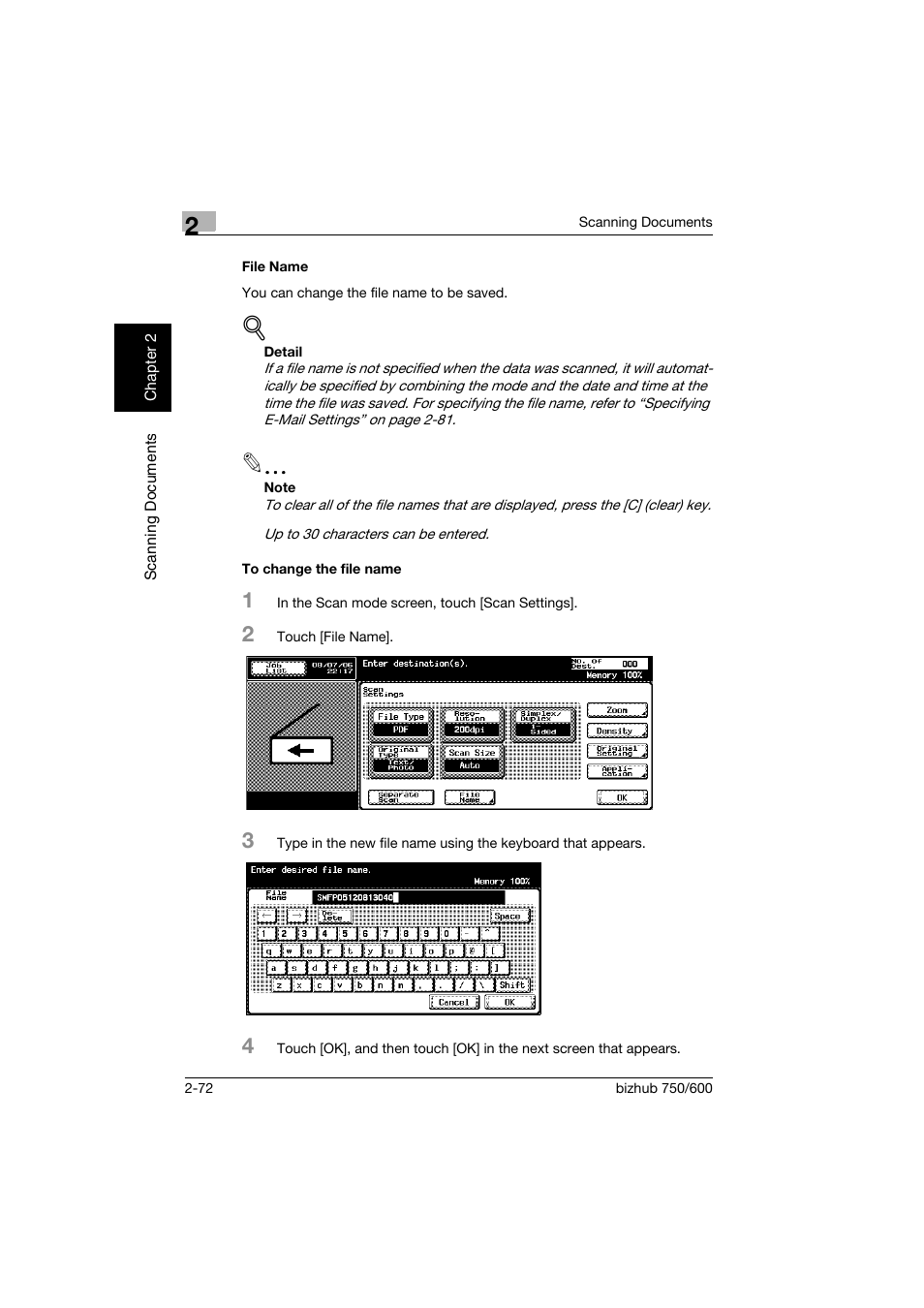 File name, To change the file name, File name -72 to change the file name -72 | Konica Minolta bizhub 750 User Manual | Page 107 / 394