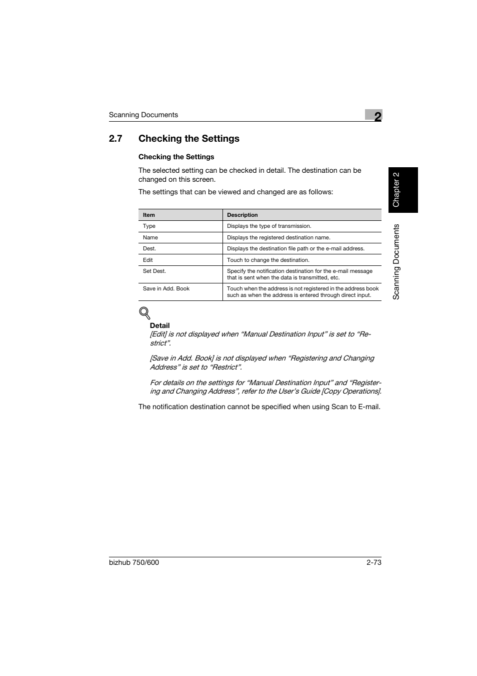 7 checking the settings, Checking the settings, Checking the settings -73 | Konica Minolta bizhub 750 User Manual | Page 108 / 394